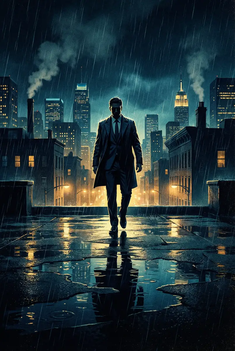 甜文结局之后(青灯)po全文阅读 出品影片《雨夜独行者》海报，雨中城市屋顶男性剪影